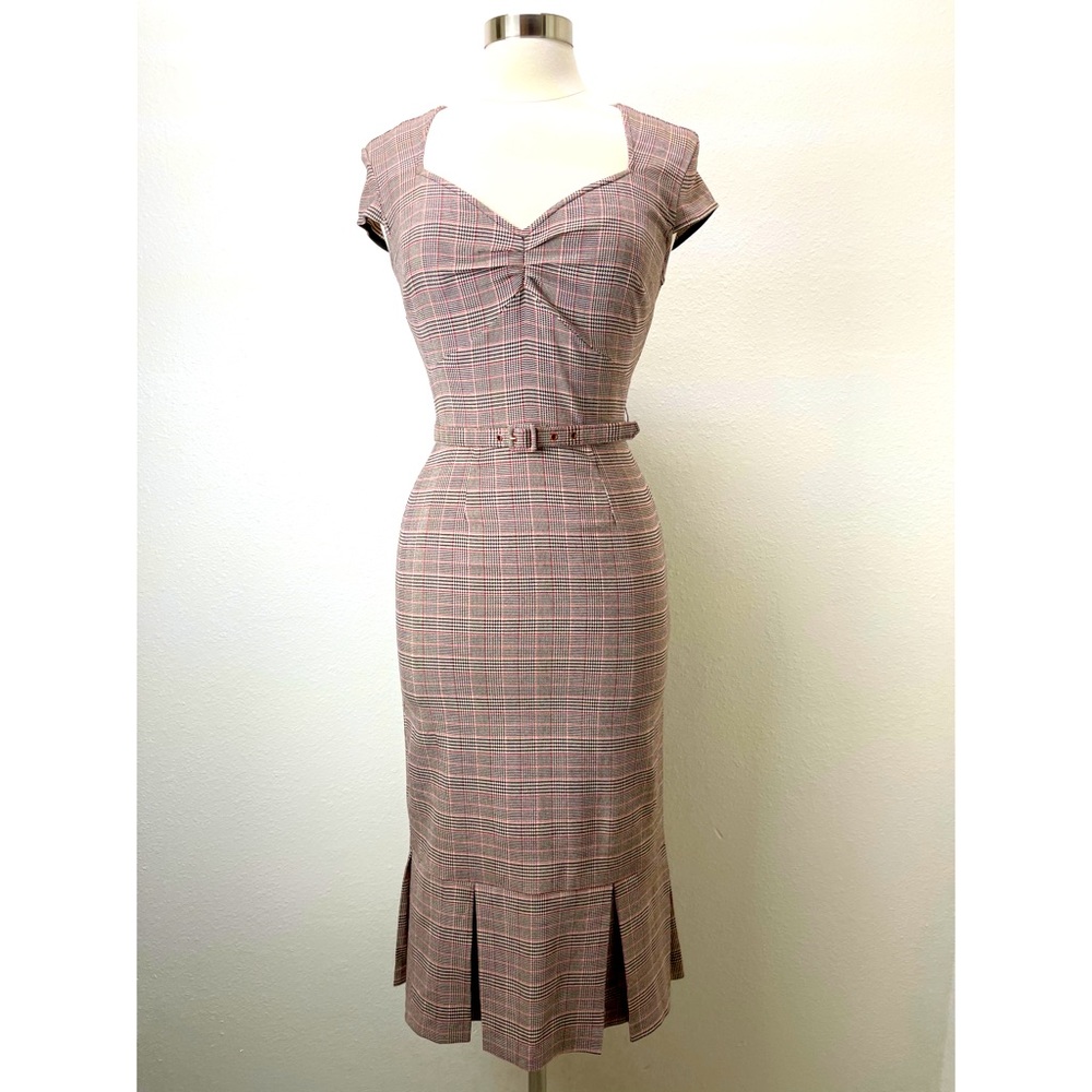 Stop Staring! Retro Plaid Wiggle Dress with Belt M
